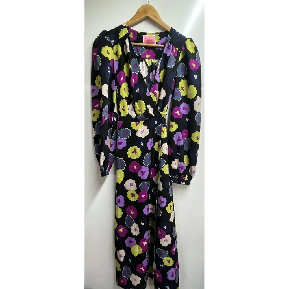 NEW Kate Spade Winter Garden Midi in Black Floral Print Wrap Dress Size 6
